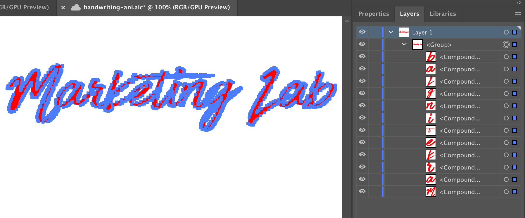 Mostrando las palabras Laboratorio de marketing en rojo en Illustrator envueltas en puntos vectoriales azules.