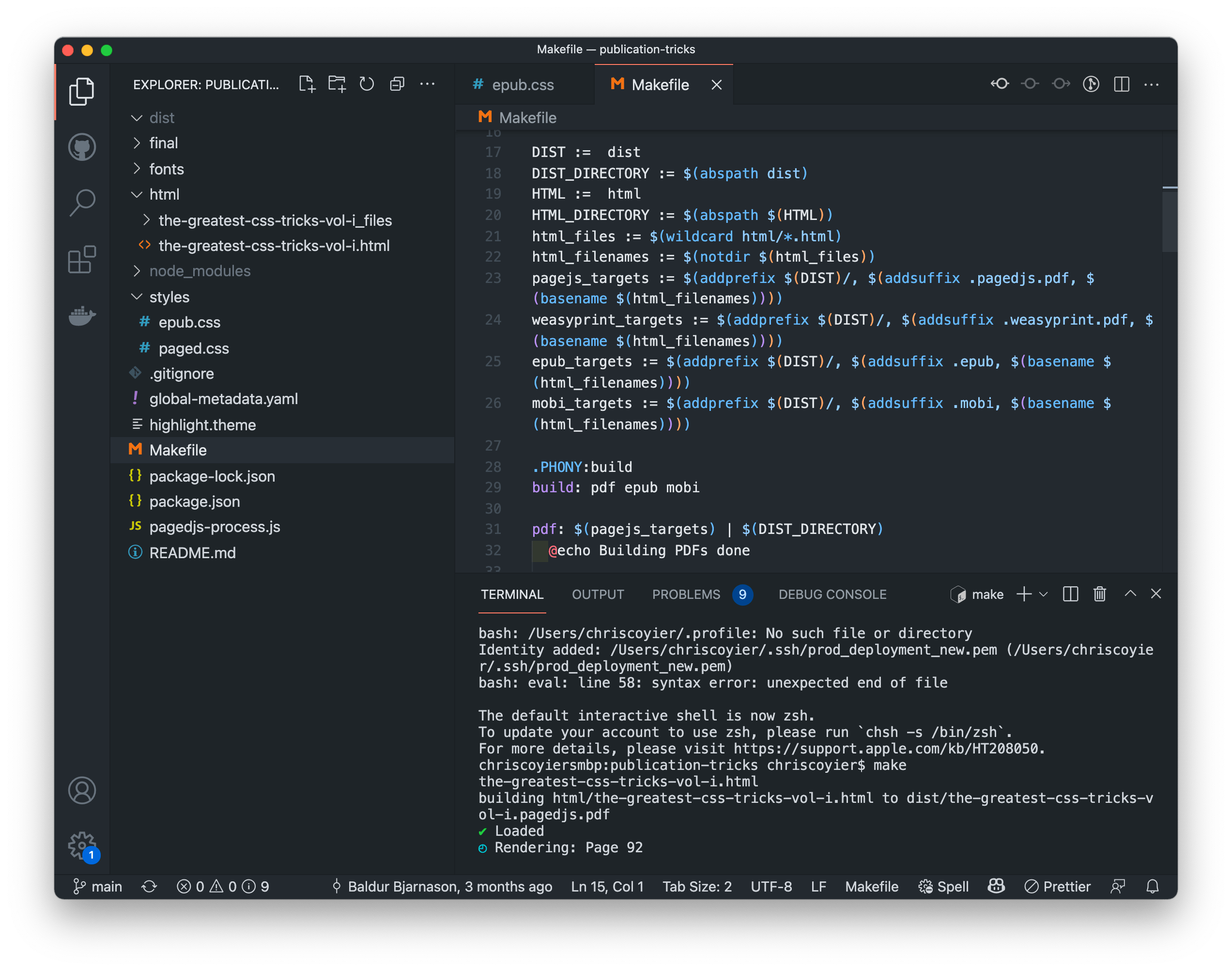 VS Code que muestra la terminal abierta ejecutando un script Makefile que produce los libros electrónicos.