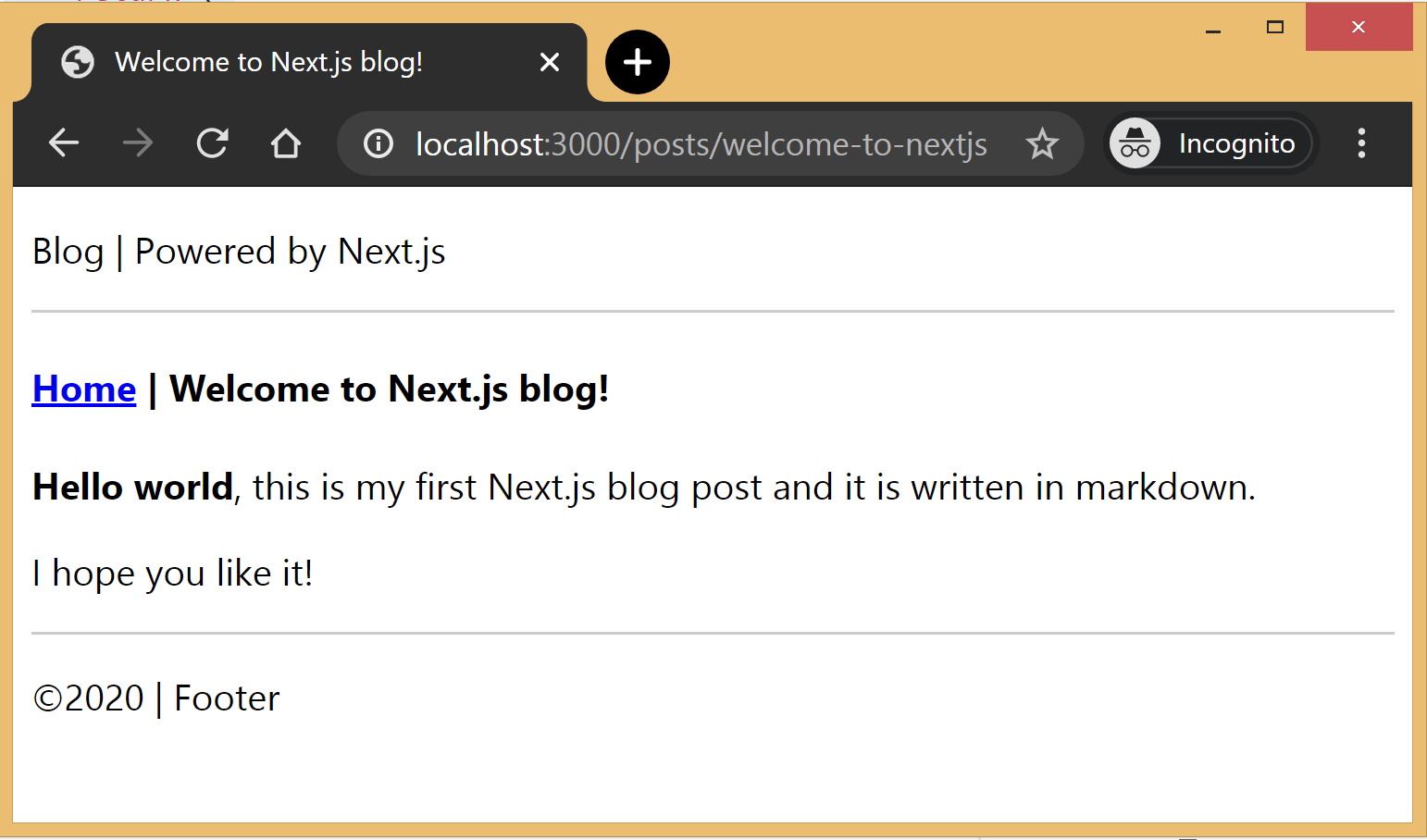 Captura de pantalla de la página del blog que muestra un encabezado de bienvenida y un saludo azul sobre el pie de página.