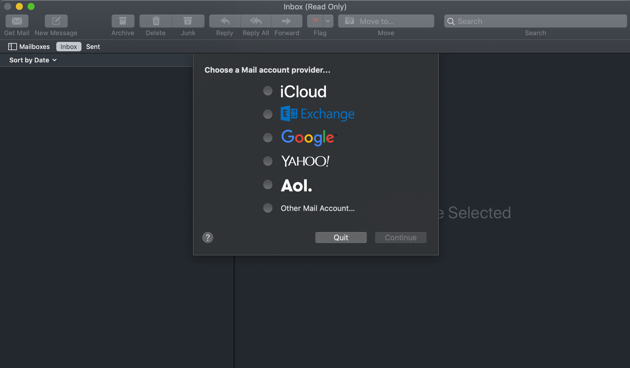 Captura de pantalla de las opciones para compartir que ofrece la aplicación de correo electrónico de Mac, incluidos iCloud, Exchange, Google, Yahoo y AOL.