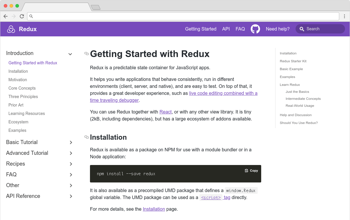 Una captura de pantalla de la página de inicio de la documentación de Redux con el título Primeros pasos con Redux.