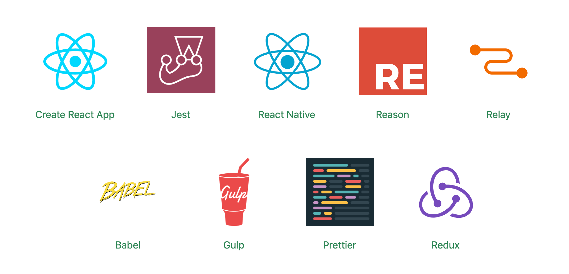 Una captura de pantalla de los logotipos de todos los marcos que admiten Docusaurus, incluidos React, Gulp, Jest, Babel, Redux y Prettier.